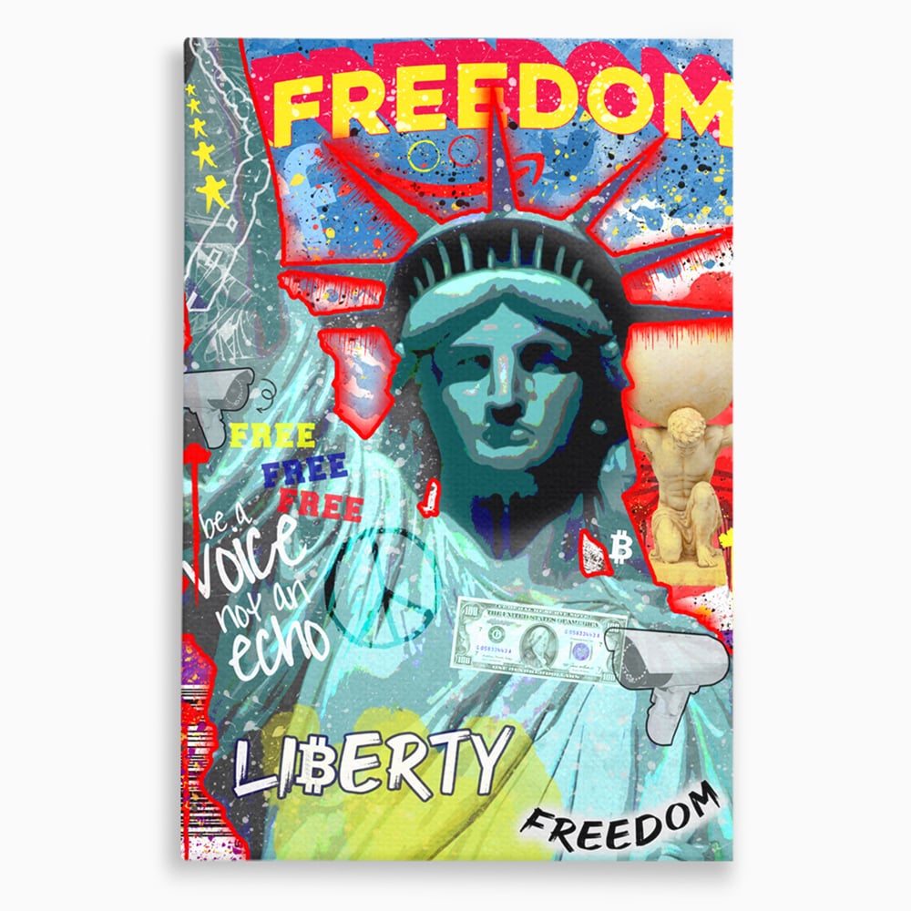Tablou canvas cu tablou canvas cu statuia libertatii si graffiti, fara rama, pe sasiu de lemn
